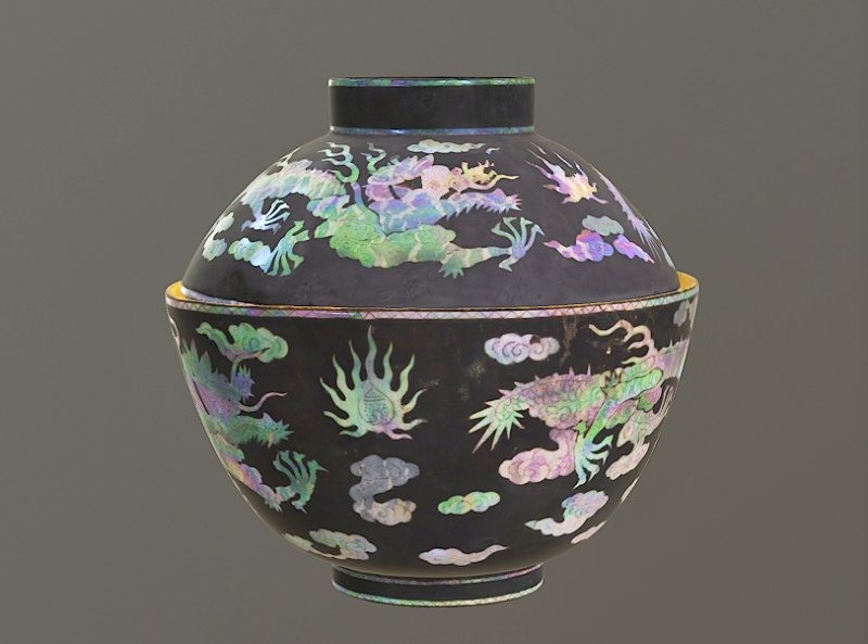 Бейж??дег? Гугон м?ражайында са?тал?ан ?ара сырлы ш?былмалы айда?ар ?рнект? ?а?па?ты шыны (Цин ?улет?)